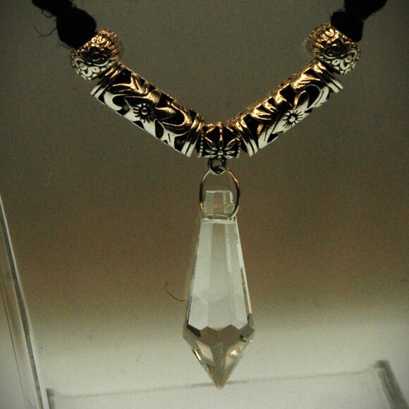Clear Prism with Red & Clear Rhinestone Accents on Handmade Black Hemp Chain - Picture 2 of 5